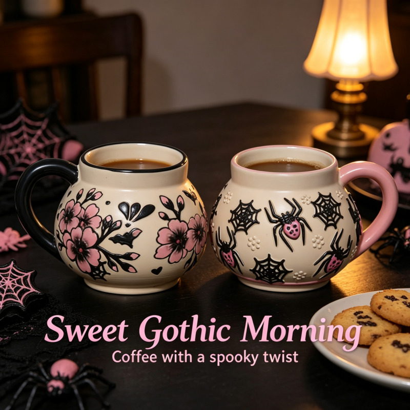 Coffee Tea Bar At Home - แก้วเซรามิกทาลาเวราลายแมงมุมฮาโลวีน ลายใยแมงมุมดอกไม้สไตล์กอธิค วาดลายด้วยมือ สำหรับกาแฟ ชา ตกแต่งบ้าน