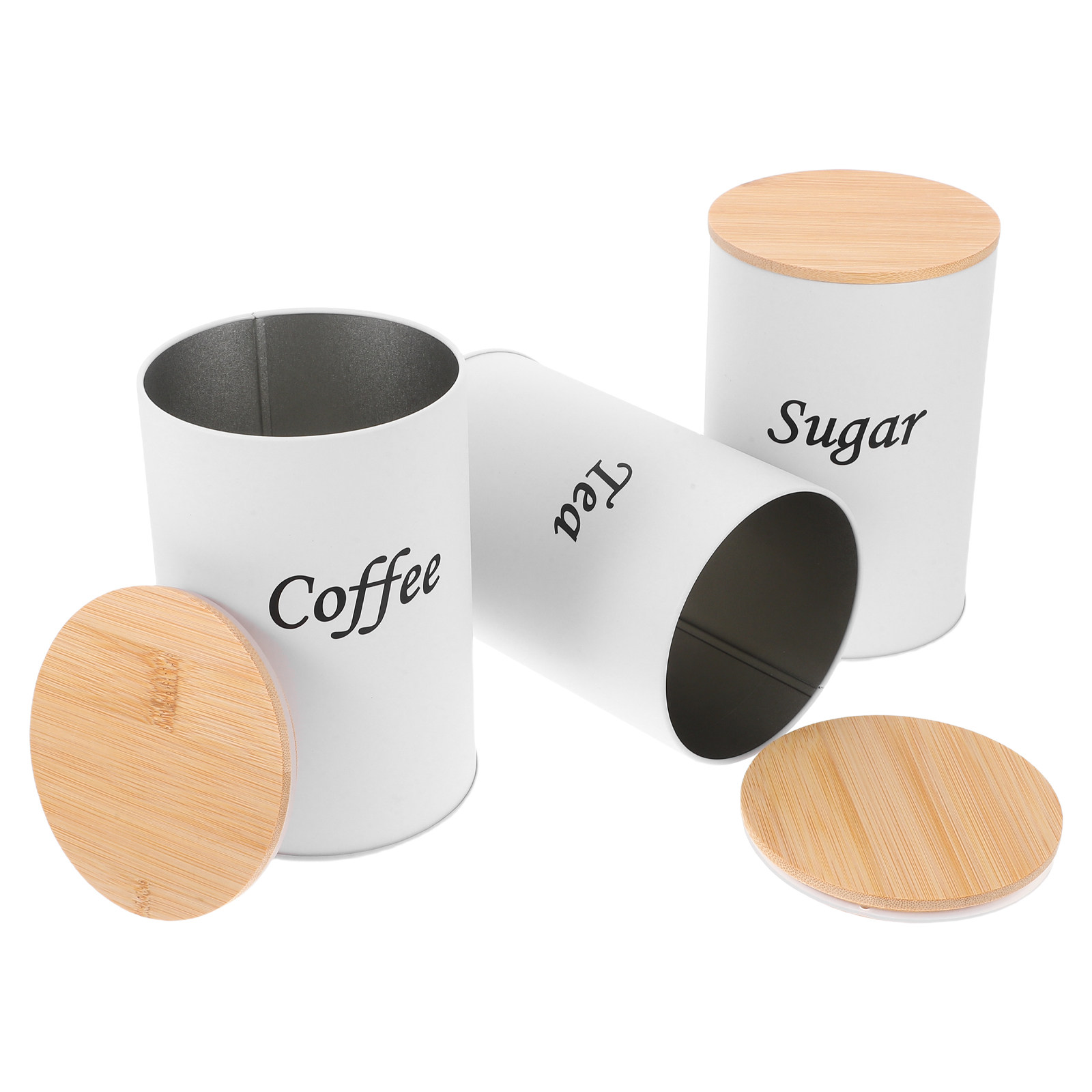 Coffee Tea Bean - กระป๋องทรงกลมสุญญากาศ 3 ชิ้น ตัวกระป๋องเหล็กชุบสังกะสี ฝาไม้ไผ่ สำหรับเก็บกาแฟ
