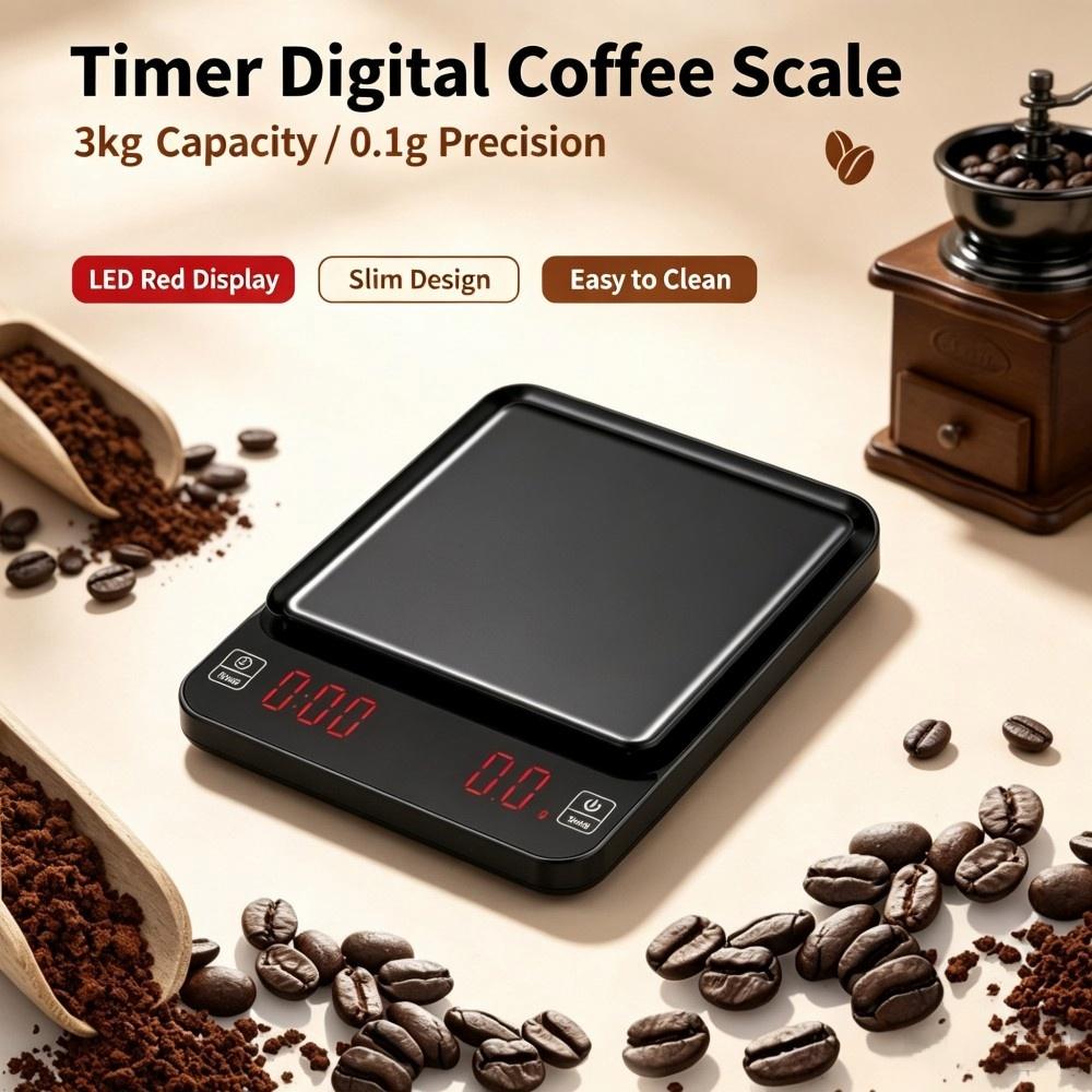 Coffee & Tea Collective - เครื่องชั่งกาแฟดิจิตอลความแม่นยำสูง 3 กก./0.1 กรัม, เครื่องชั่งครัวแบบพกพาพร้อมไฟ LED,