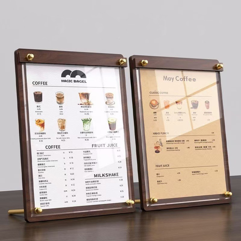 Coffee Tea Station - ป้ายเมนูอะคริลิคลายไม้แบบกำหนดเองขนาด A4/A5 พร้อมขาตั้งสำหรับร้านชานมและกาแฟ ป้ายสั่งอาหาร ป้ายโฆษณาตั้งโต๊ะ