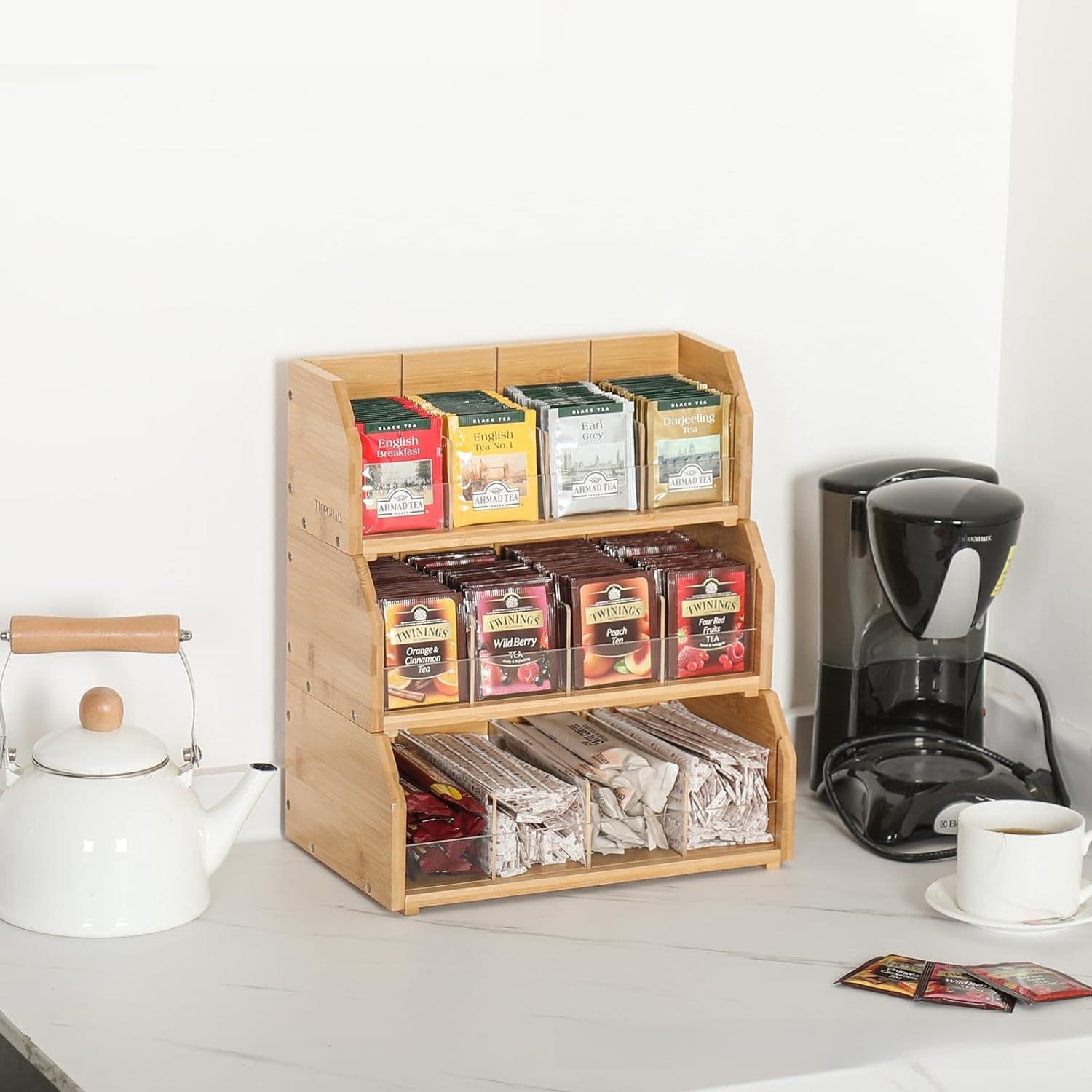 Coffee Tea Station - กล่องเก็บถุงชาไม้ไผ่ ชั้นวางถุงกาแฟสามชั้น ชั้นวางโชว์กาแฟ สถานีกาแฟ ห้องชา กล่องเก็บกาแฟแคปซูล