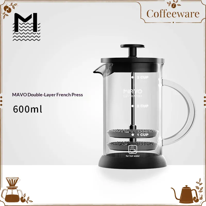 French Press Glass - เครื่องชงกาแฟแบบเฟรนช์เพรส MAVO พร้อมตัวกรองแบบตาข่ายสองชั้น ขนาด 2 ถ้วย