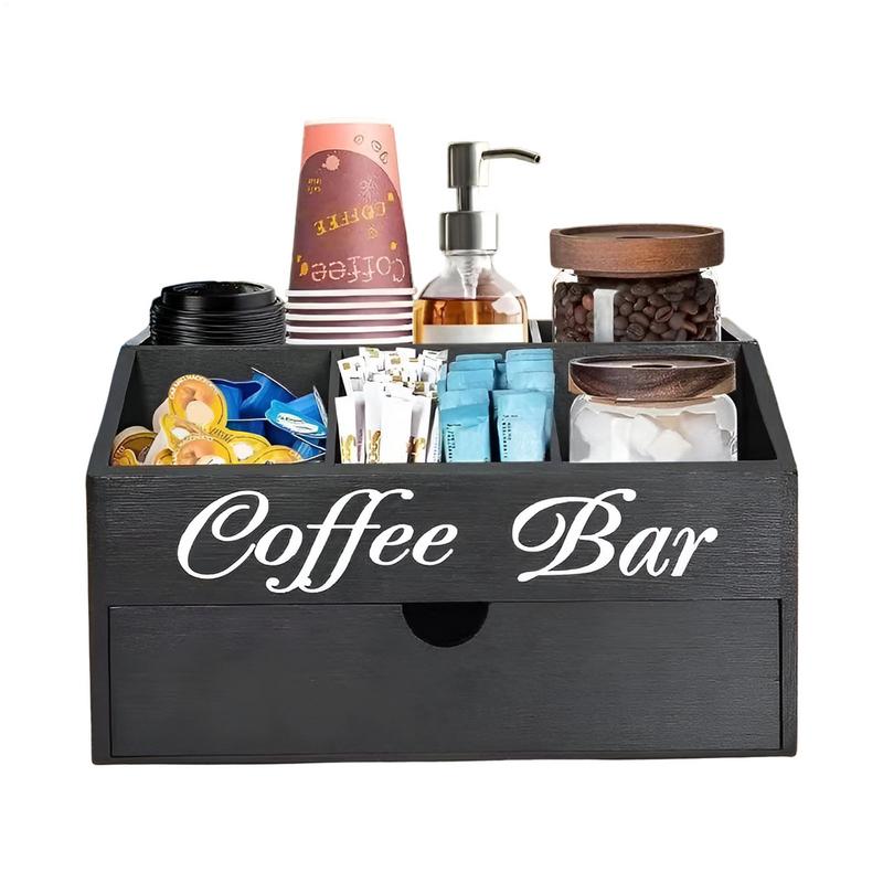 Coffee Tea Station - ผู้ถือชากาแฟตะกร้าเคาน์เตอร์ผู้ถือตะกร้าไม้ Coffee Station Organizer พร้อมวงเวียนที่ถอดออกได้สําหรับโฮมออฟฟิศ
